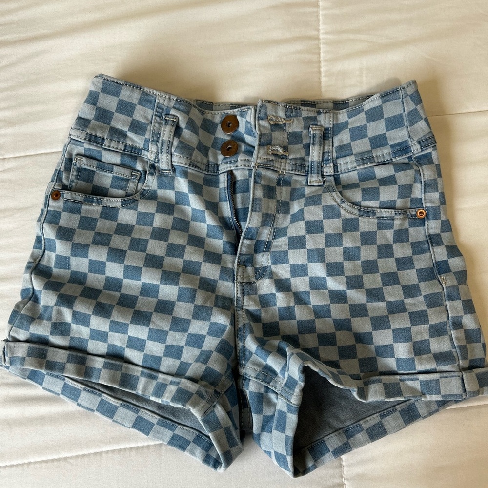 No Boundaries Blue Jean Shorts Checkered High-Waisted